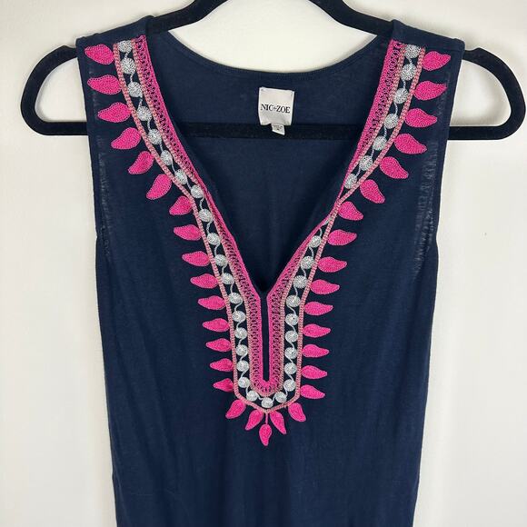 Nic+Zoe Womens Summer Retreat A-Line Sleeveless Embroidered Navy Dress Small - Picture 4 of 10